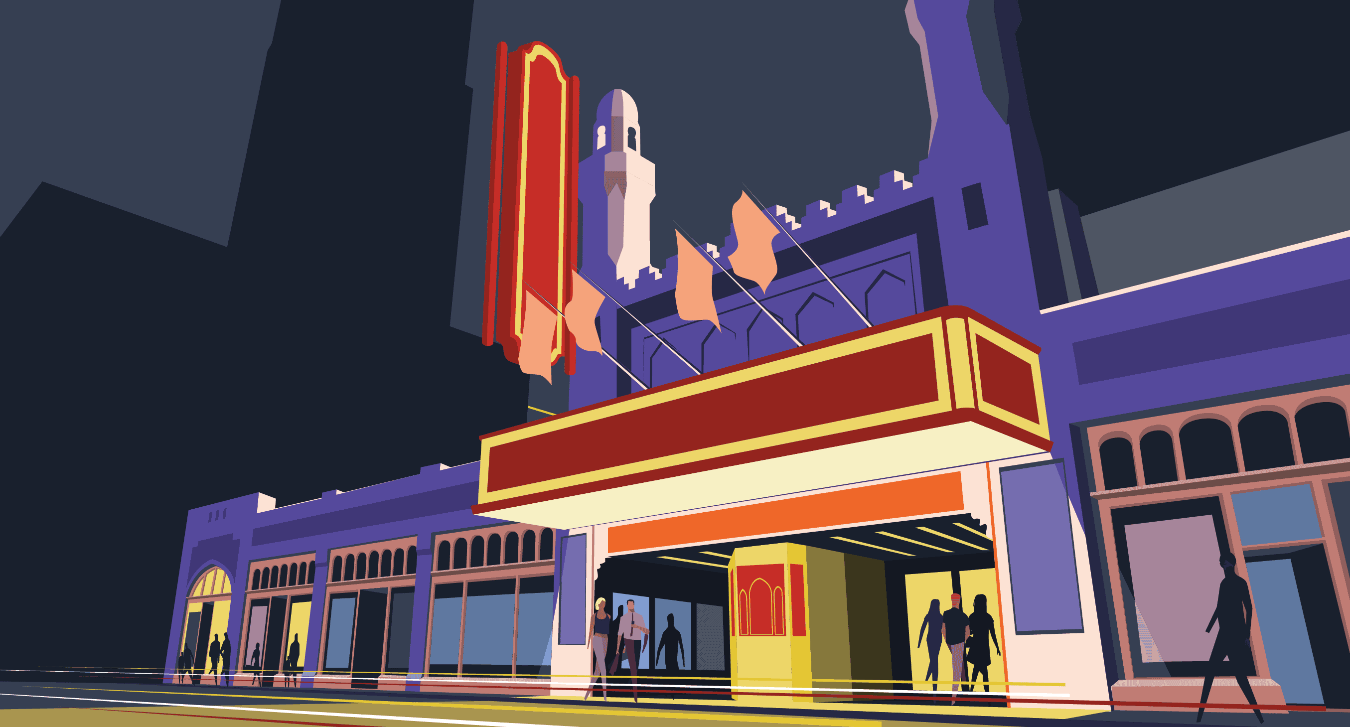 illustration of a colorful theater in a bustling retail district